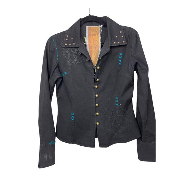 DB Sport Jacket Womens Medium Embroidered Floral Black Blazer Coat - Picture 2 of 5